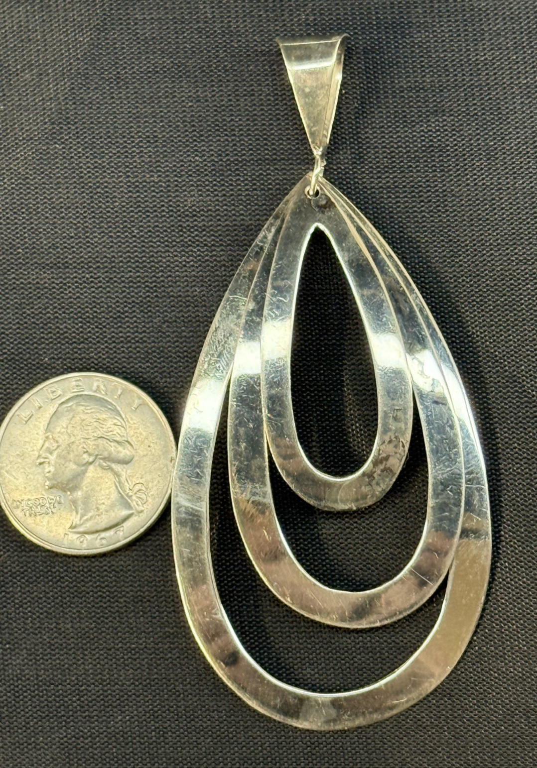 Sterling Silver Large Triple Teardrop Layered Dangle Modernist Pendant 3.75″