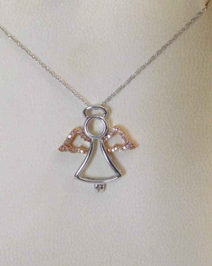 10K Solid White + Rose Gold ANGEL w HALO Pendant JWBR 18″ Inch Chain Necklace