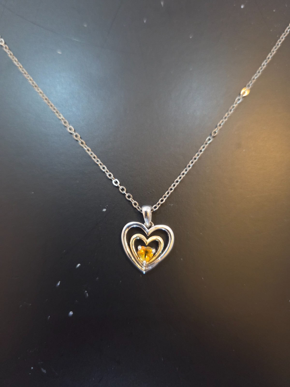 925 Sterling Silver Double Heart Pendant with Yellow Citrine Quartz Stone Crysta