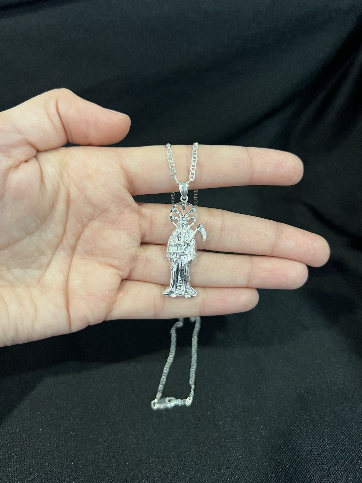 925 Sterling Silver Women Men Small Santa Muerte Grim Reaper Mariner Chain 18 24