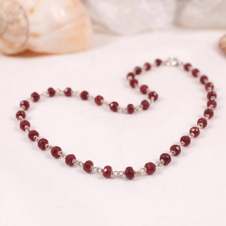 Natural Ruby Beaded Choker Necklace 925 Sterling Silver Rosary Handmader Jewelry