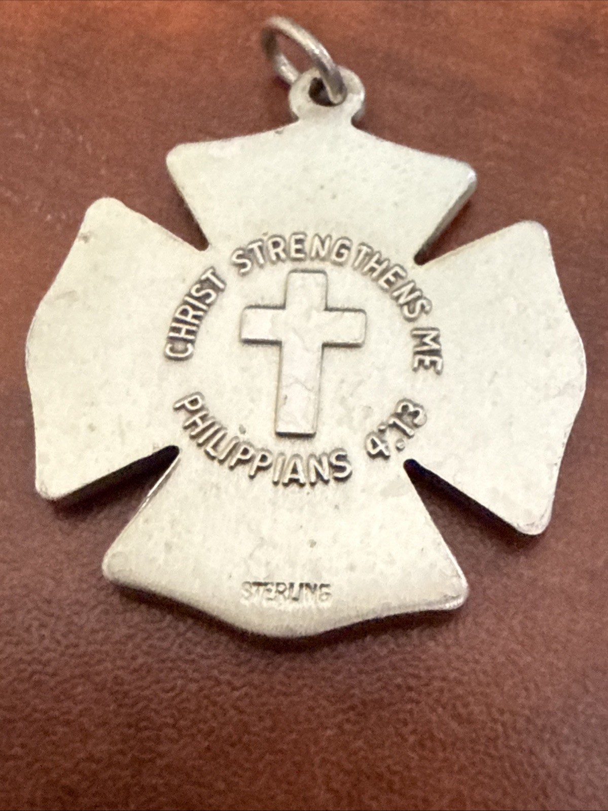 Men’s Sterling Silver Fire Fighter Shield Medal Cross Philippians 4:13 Necklace