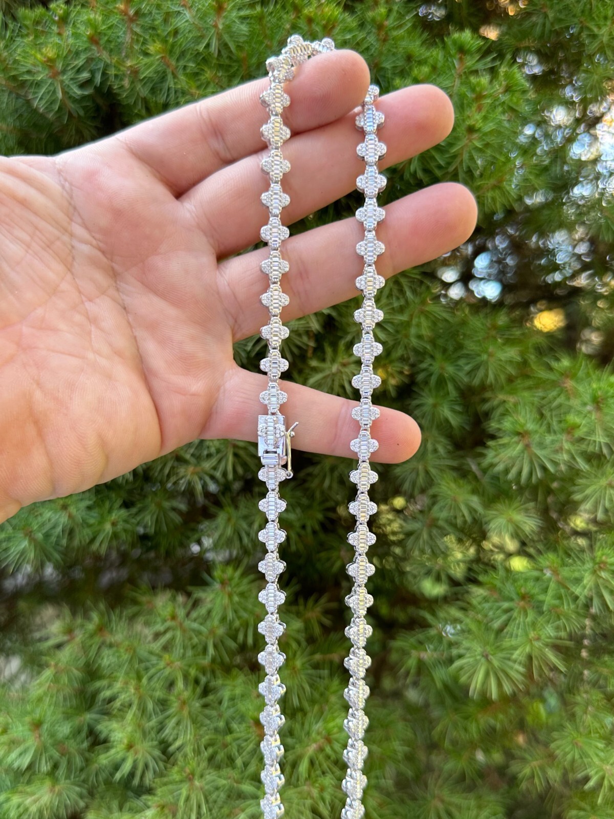 Real Iced MOISSANITE Baguette Clover Tennis Chain Necklace – VVS D Color 8mm