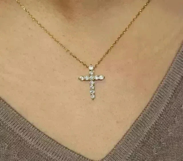 2Ct Round-Cut Moissanite Cross Pendant 14K Yellow Gold Plated 18″ Chain Free