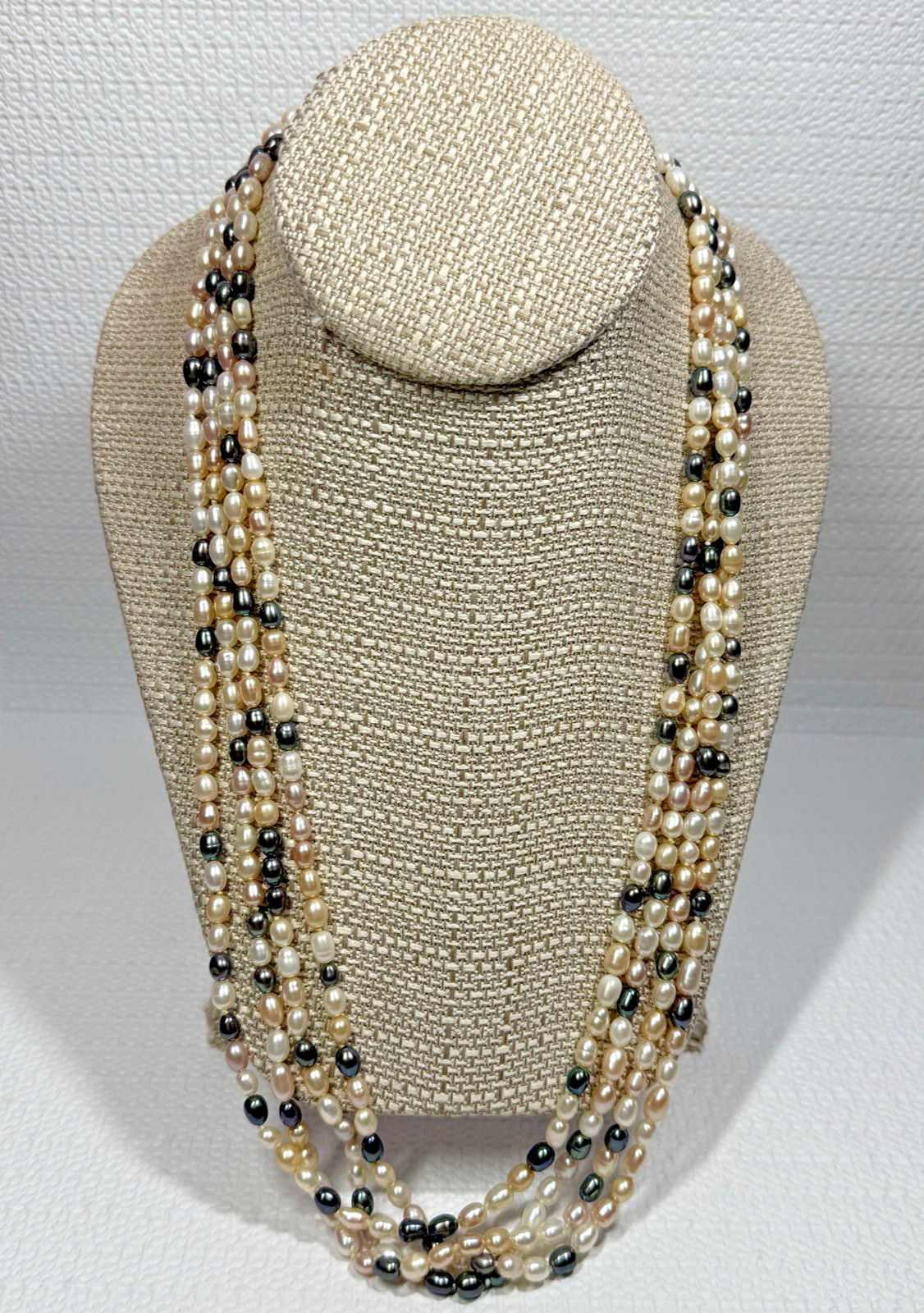 Multi Color Opera Length Pearls 48″ Flapper Oval Gray Cream & Peach