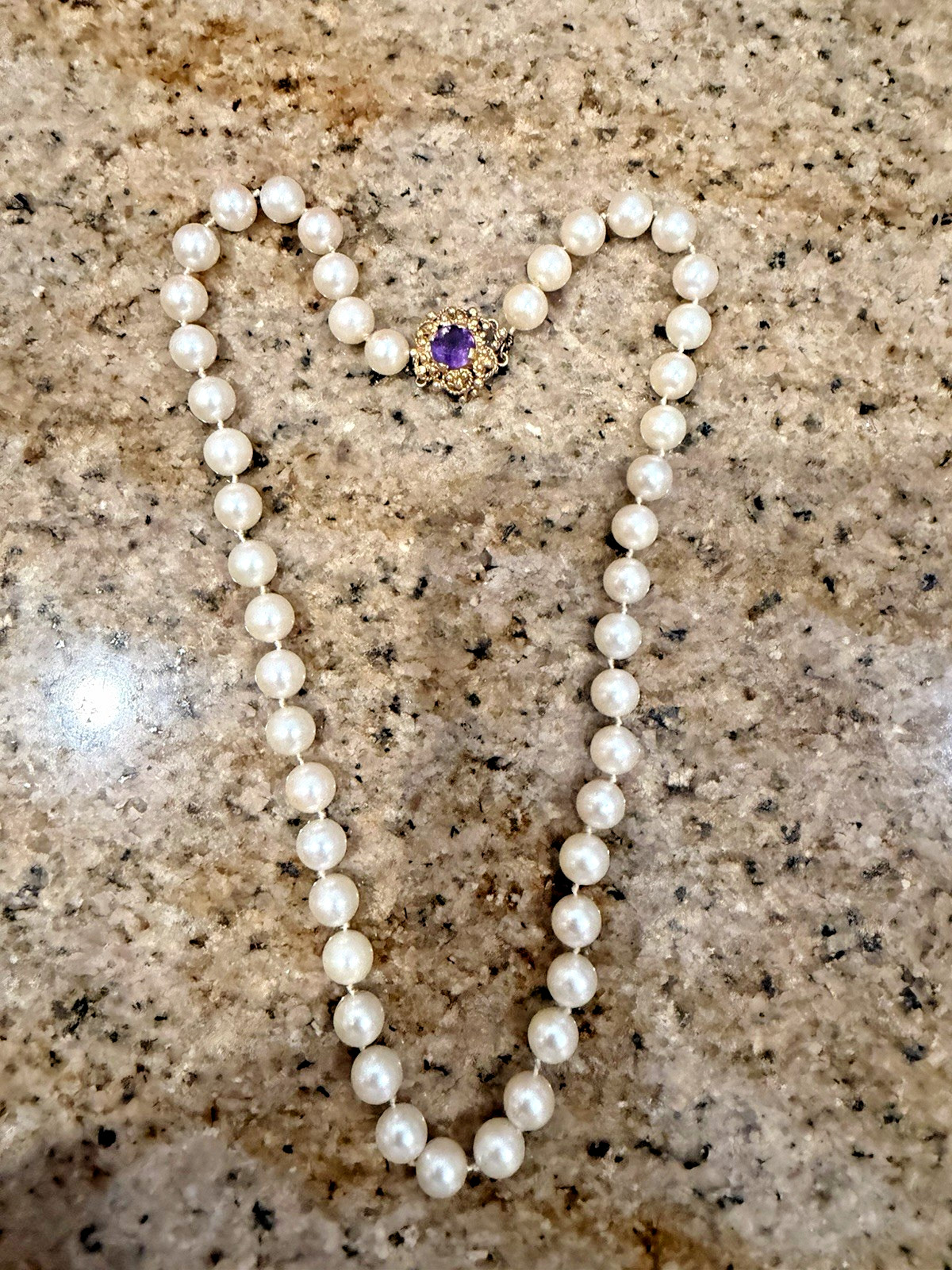 Saltwater Pearls Strand With 14 Karat Gold Amethyst Clasp Vintage Jewelry Nice
