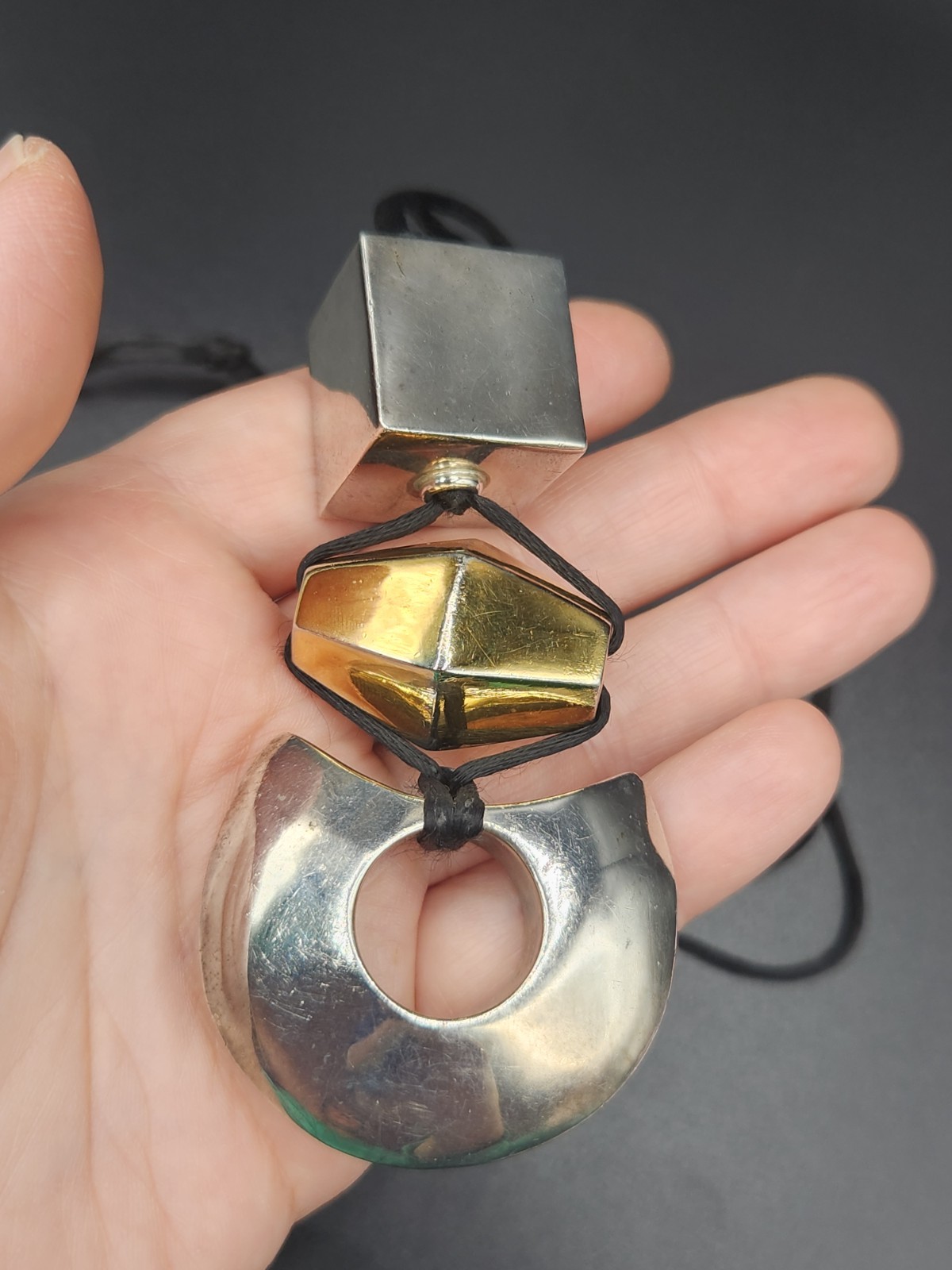 PLJ Modernist Style Geometric Sterling Silver Pendant With Satin Cord Necklace