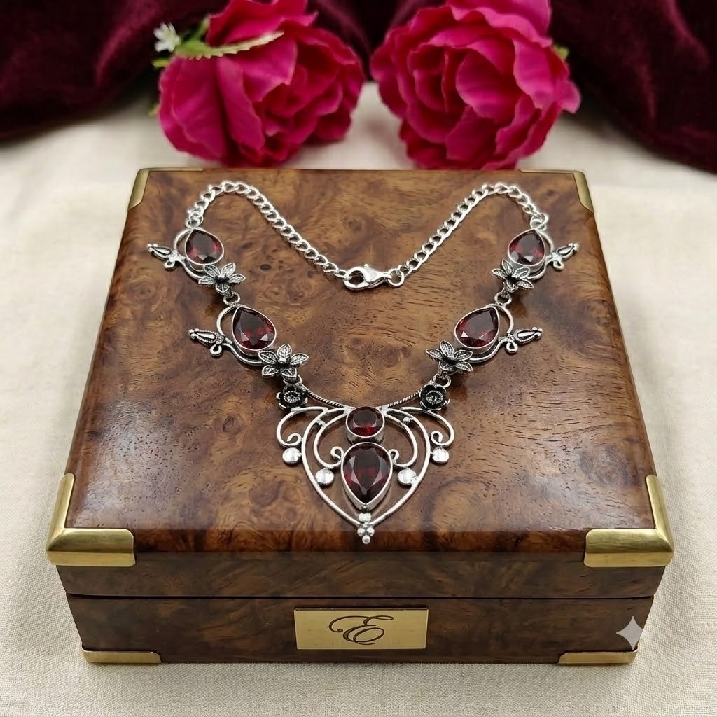 Red Garnet Gemstone 925 Sterling Silver Jewelry Necklace Size-17-18″