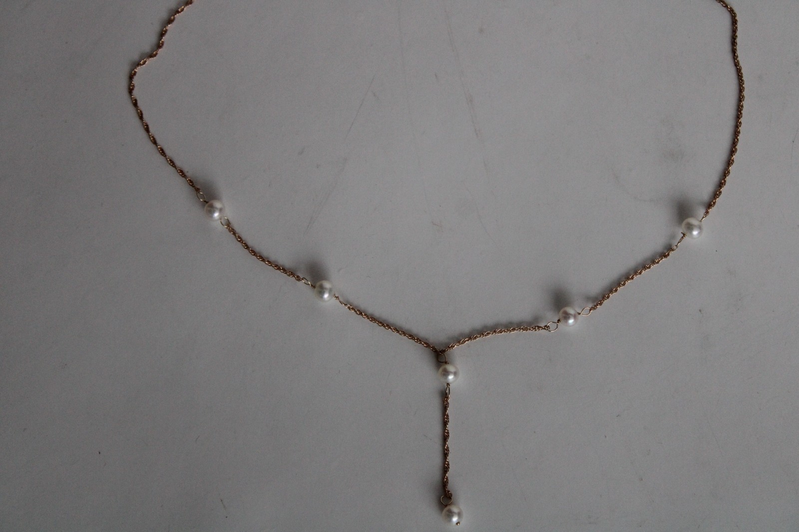 Vintage 14k Yellow Gold & Pearl Y Drop Dangle Necklace, HZ (16.25″)