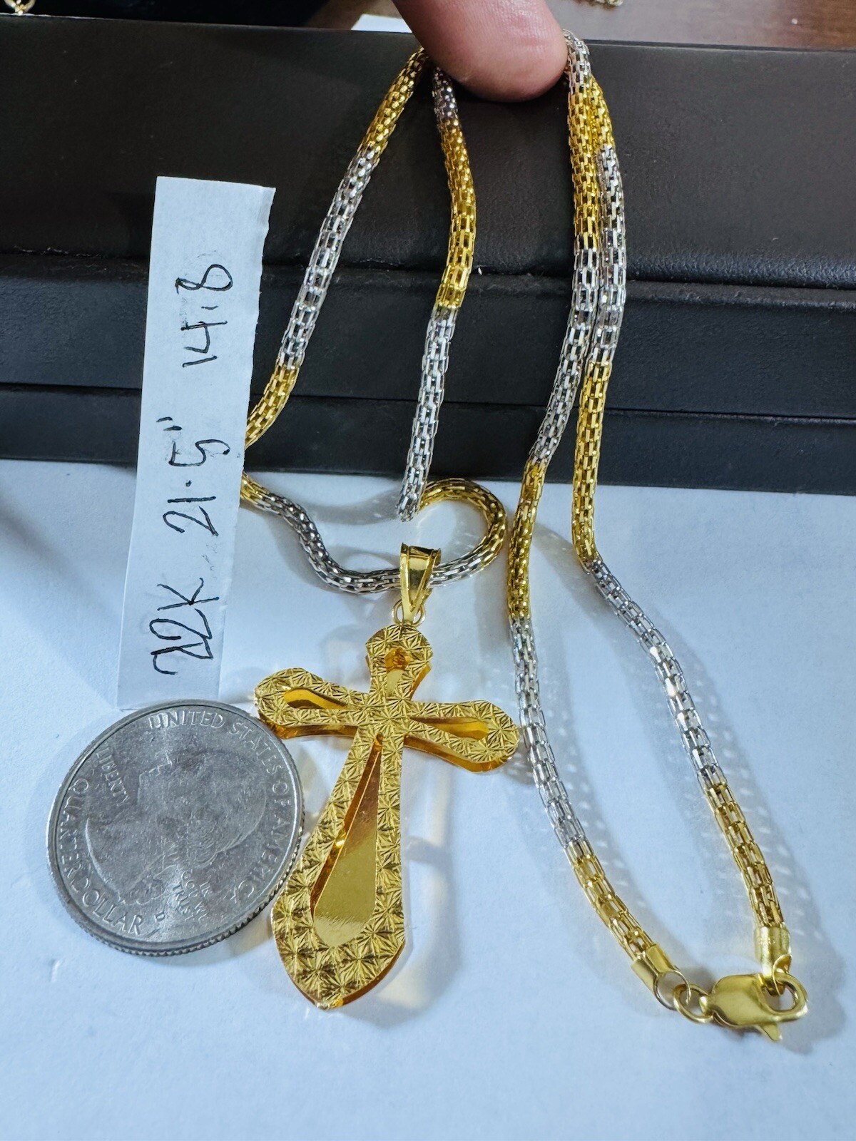 22C 22K 916 Fine Real Gold 21.5”/22” Long Cross Necklace 14.8g 3mm Mens-Womens