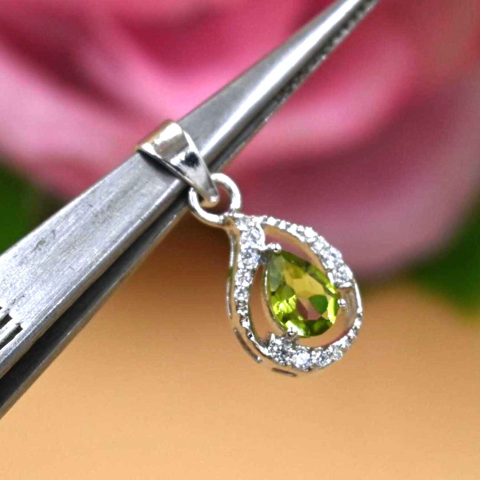 Natural Peridot Pendant Pear Cut 925 Sterling Silver Pendant gifts for her