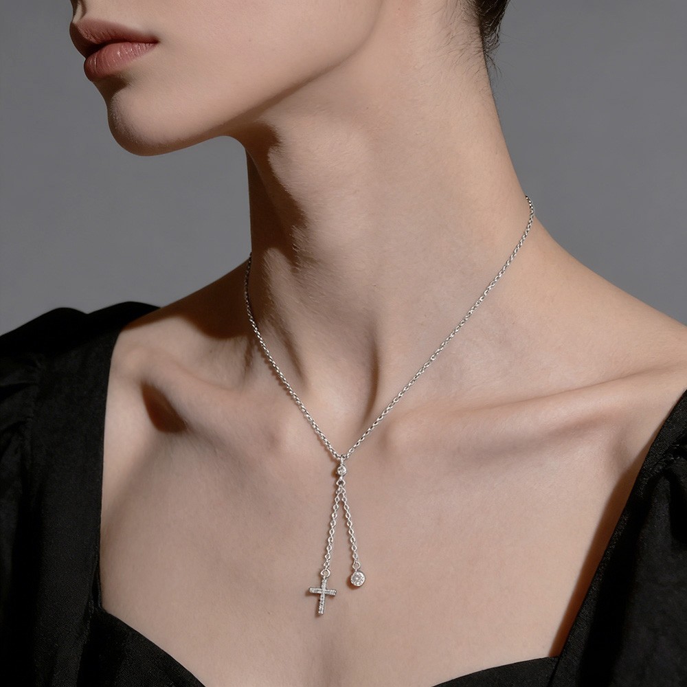 Round Cut Real Moissanite Cross Pendant Necklace 925 Sterling Silver Women Chain