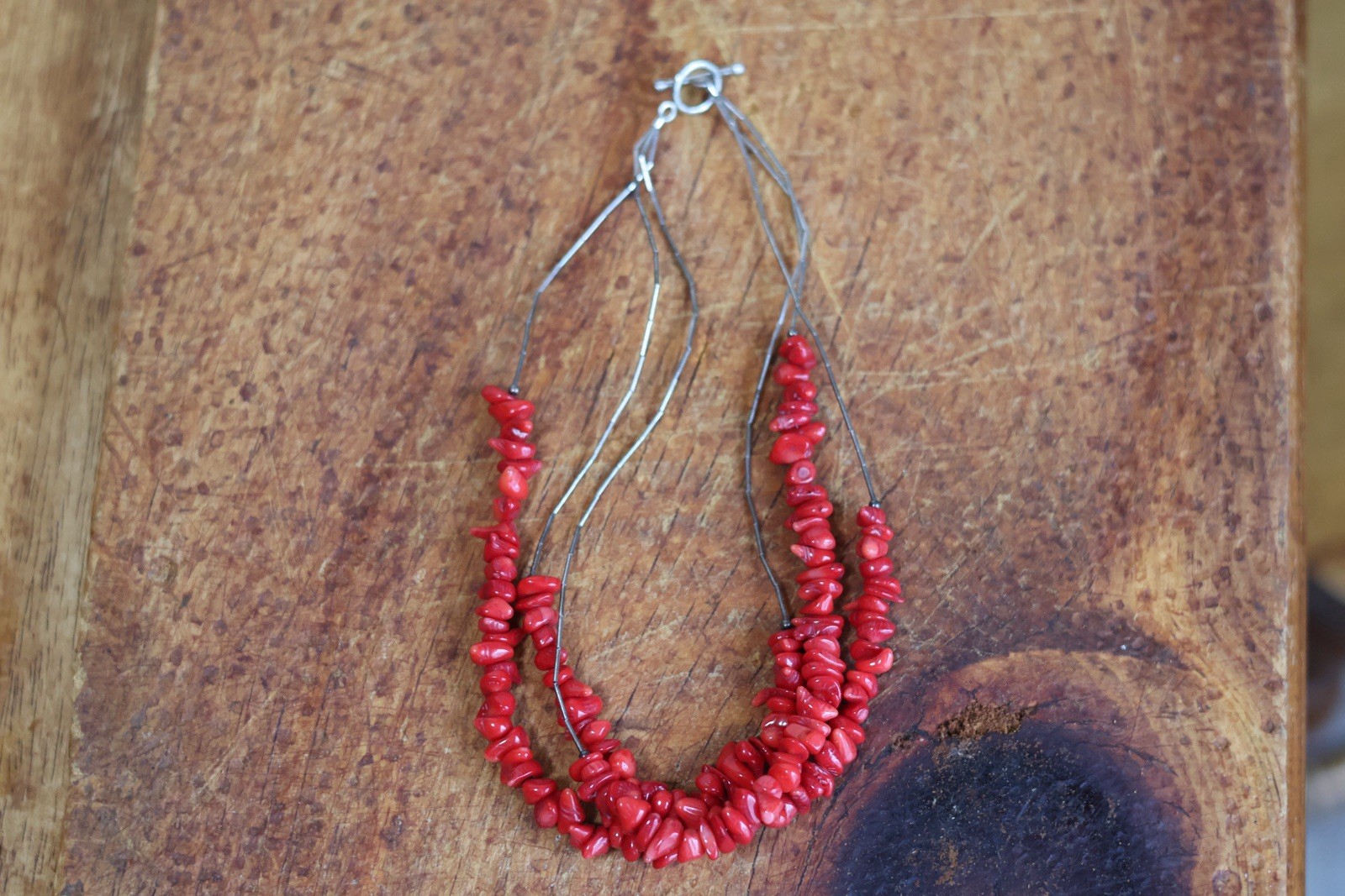 Red Coral Chip Bead Teardrop Dangle/necklace 925 Silver Metal Closure(untested)