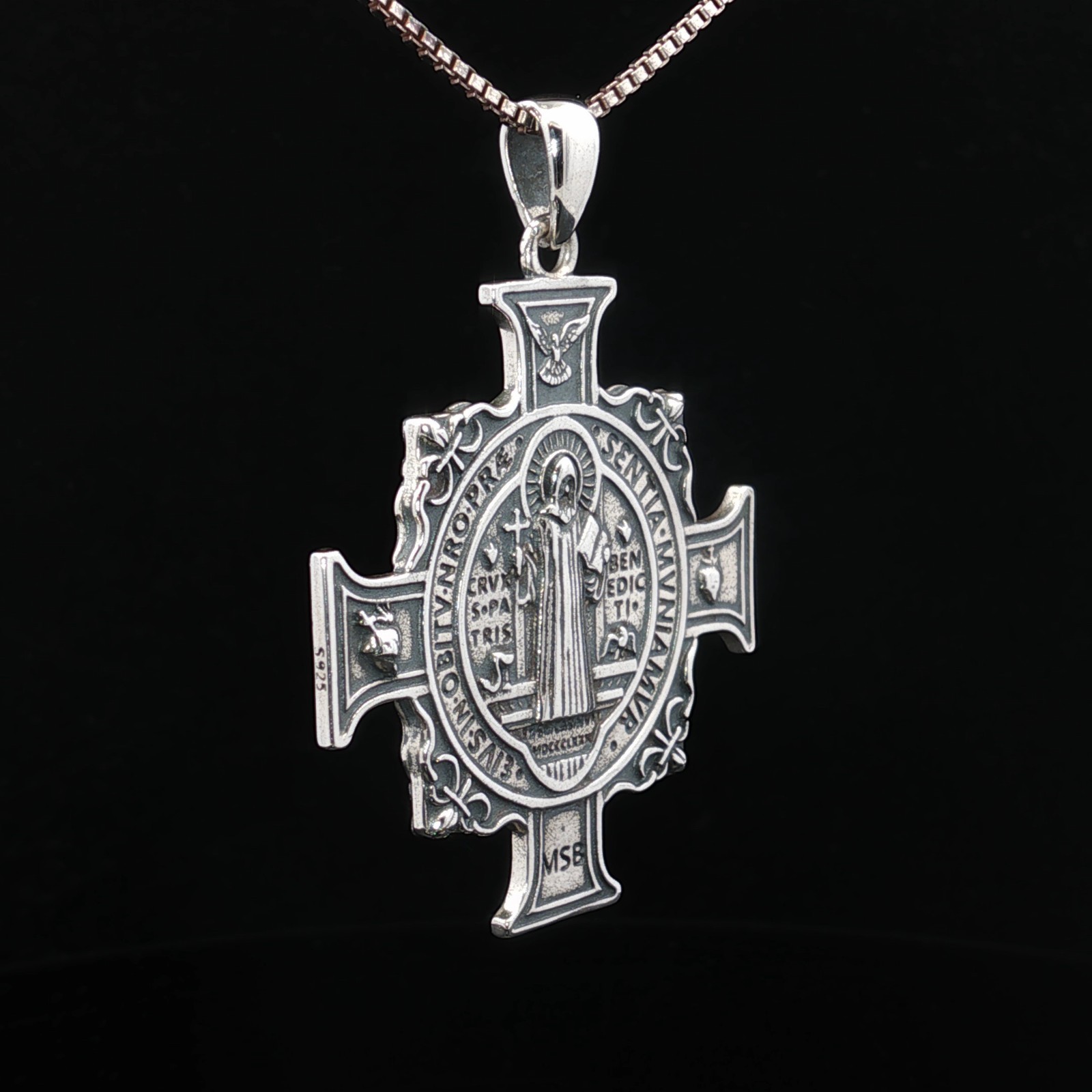 925 Sterling Silver Saint Benedict Two-Sided Cross Necklace