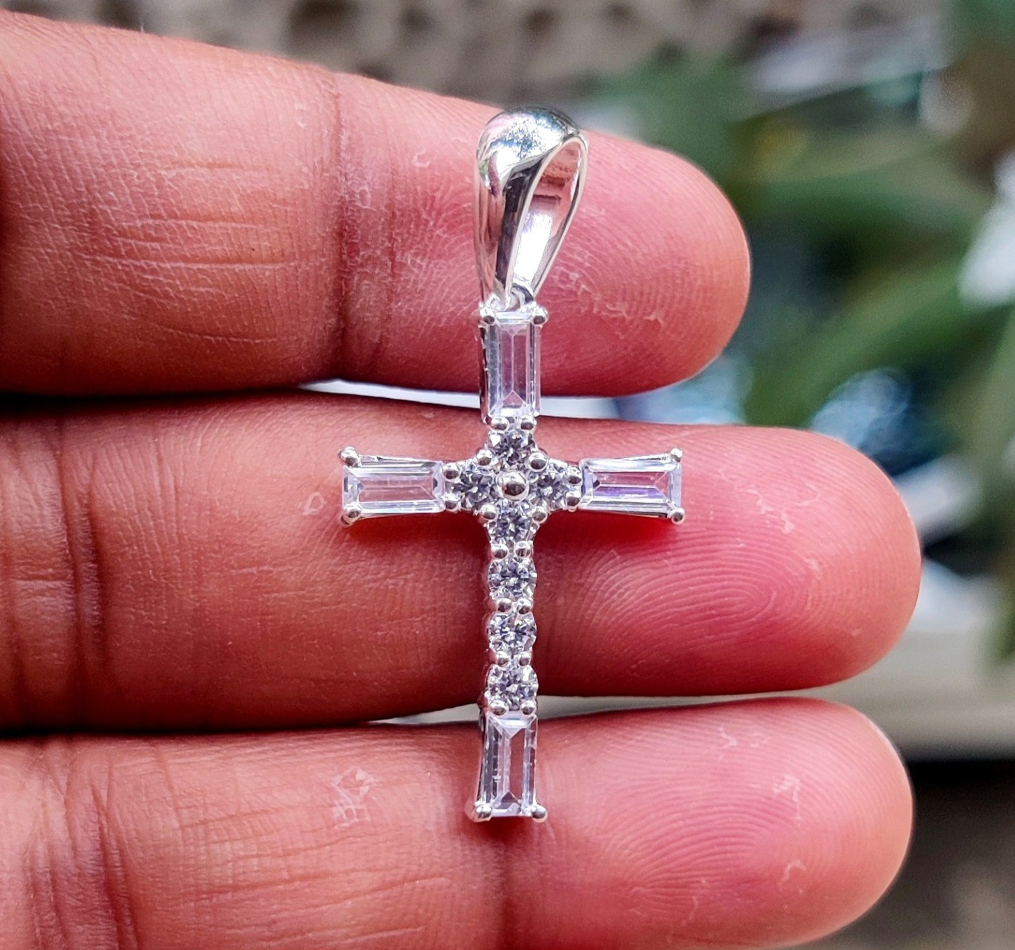 2Ct Bagutte Cut Natural Moissanite Cross Pendant 14K White Gold Plated Silver