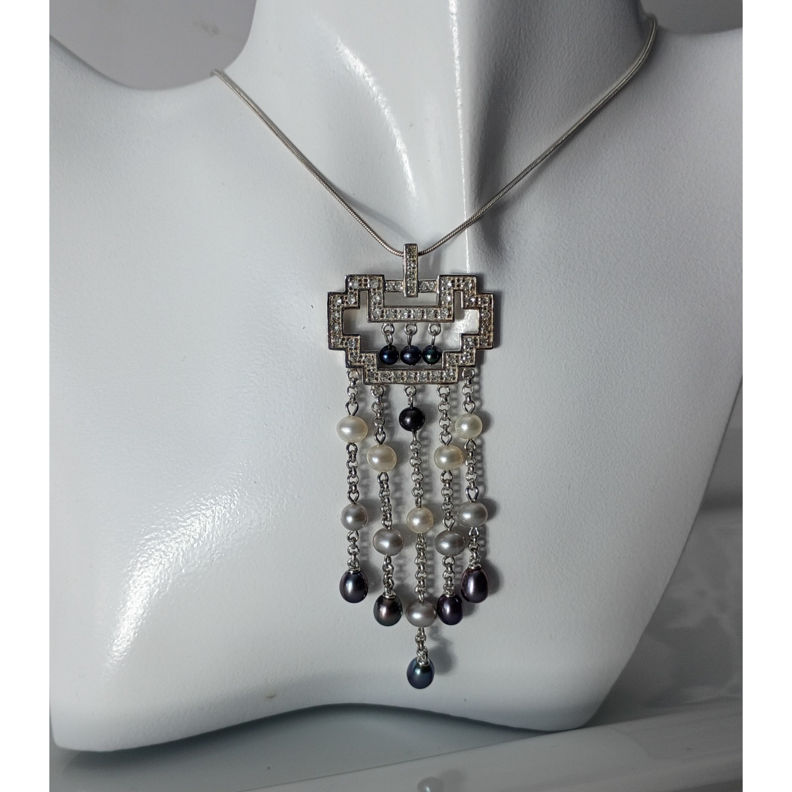 925 Sterling Silver & Pearl Deco Style Dangle Pendant Necklace 19″
