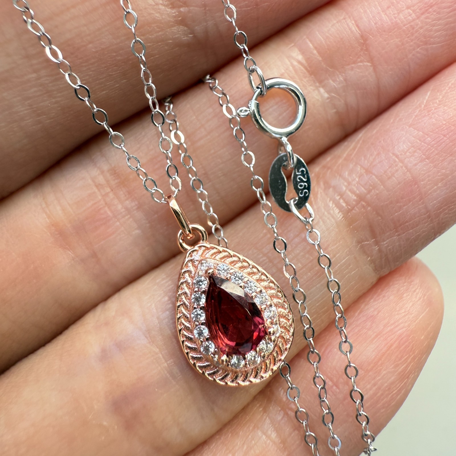 925 Sterling Silver Necklace 6x4mm Natural Garnet Gemstone Zircon Handmade Chain