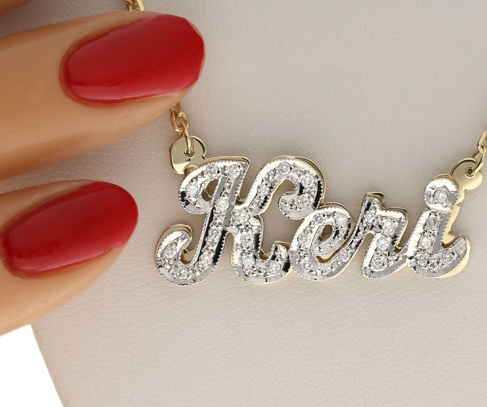 Natural Diamond ‘Keri’ Shadow Nameplate Necklace .37CT Multi-tone Gold 16” Long