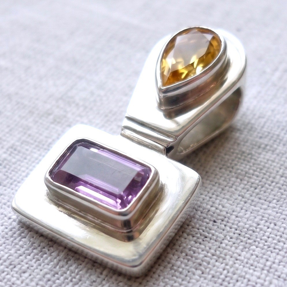 925 Sterling Silver Amethyst Citrine Modernist Geometric Slide Pendant FreeShp