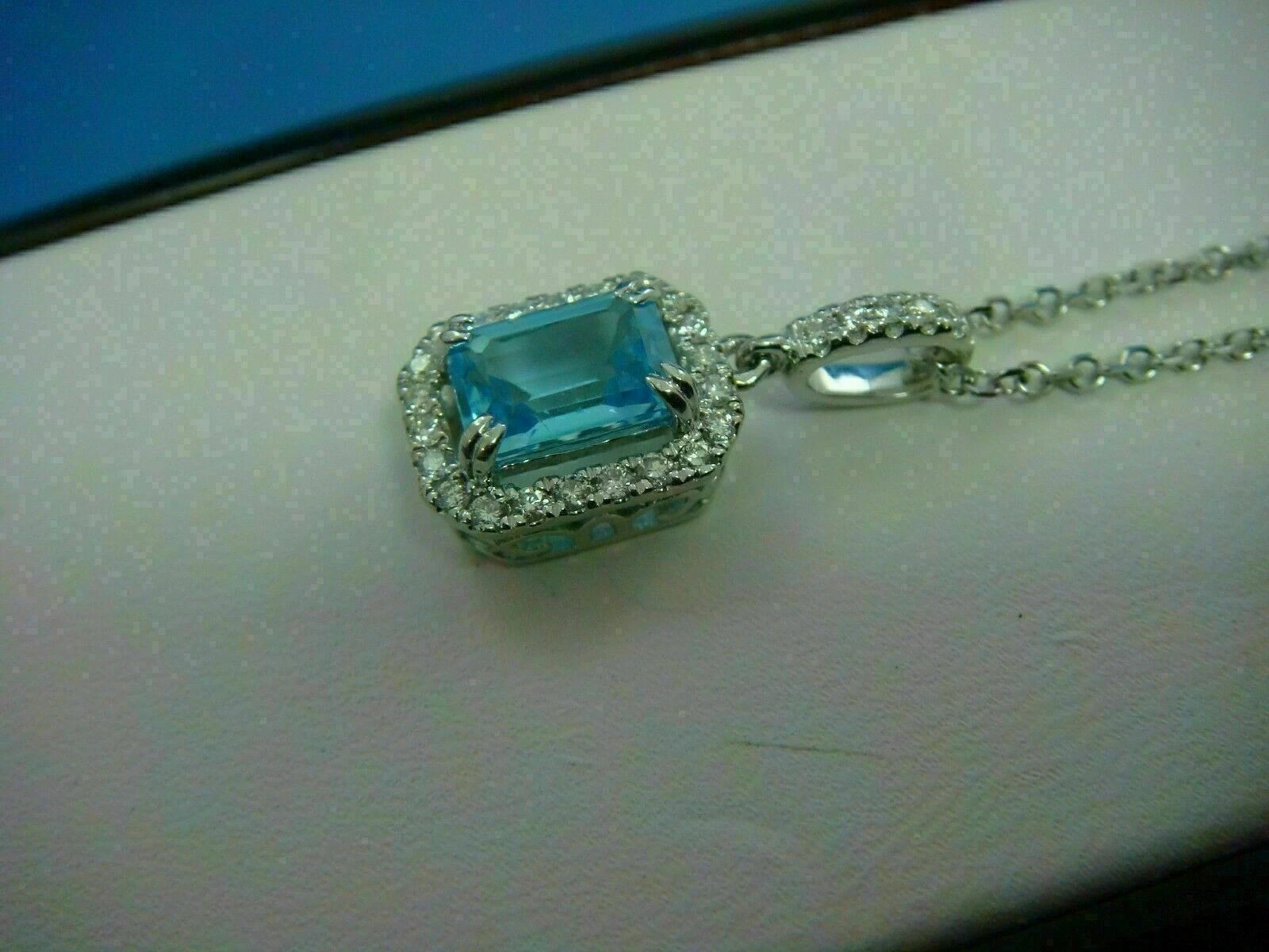 3Ct Emerald Cut Aquamarine Halo Women’s Pendant Free Chain 14K White Gold Finish
