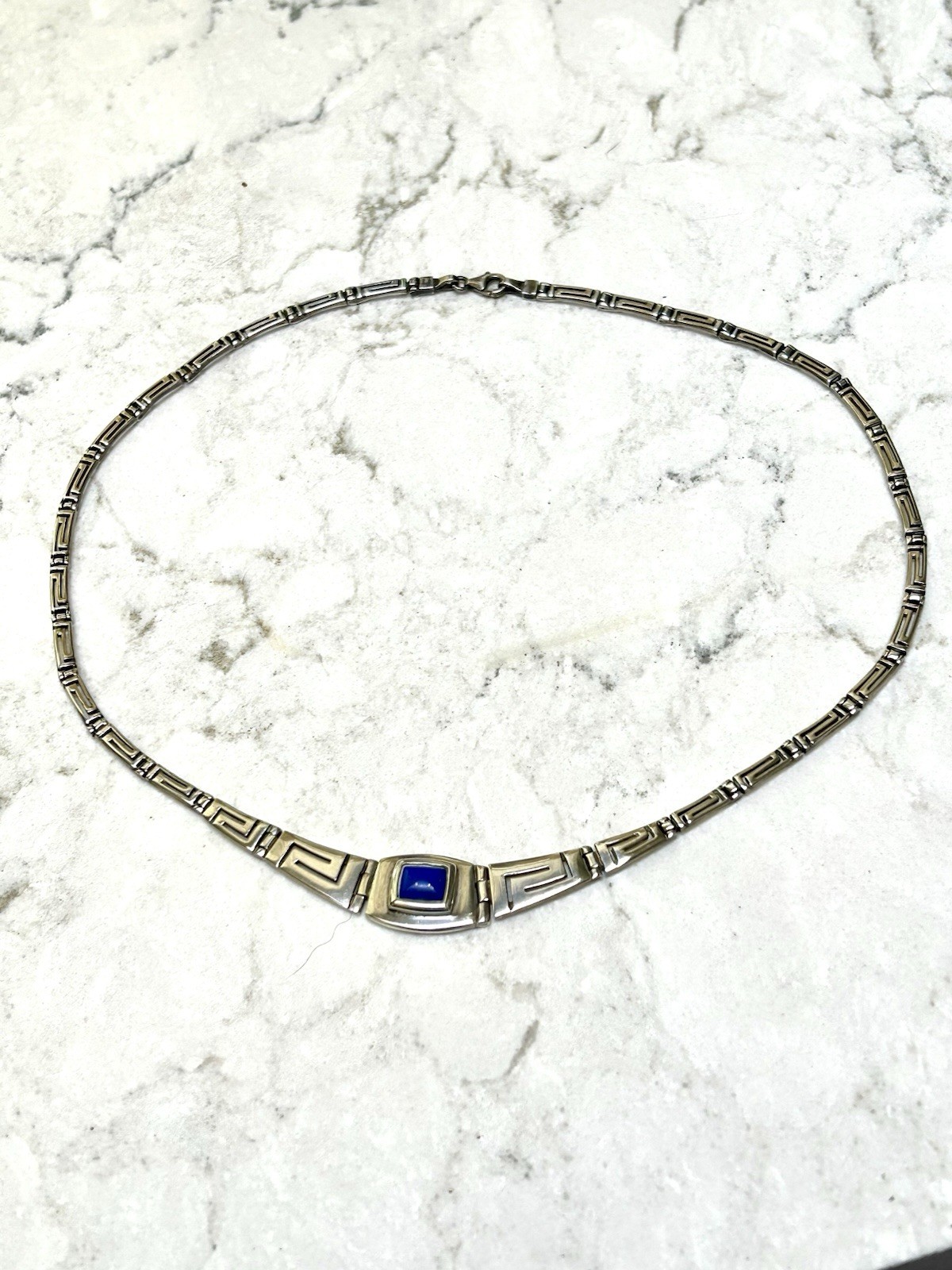925 Sterling Silver Lapis Lazuli Greek Key Meander Link Necklace, 17”, N65