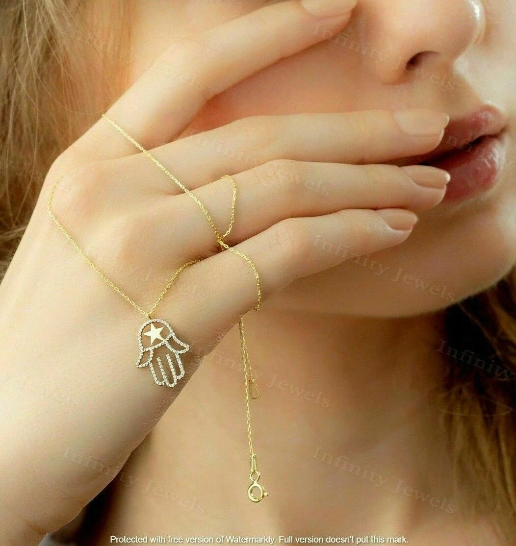 1.50Ct Round Cut VVS1 Diamond Hamsa Pendant 14K Yellow Gold Over 18” Free Chain