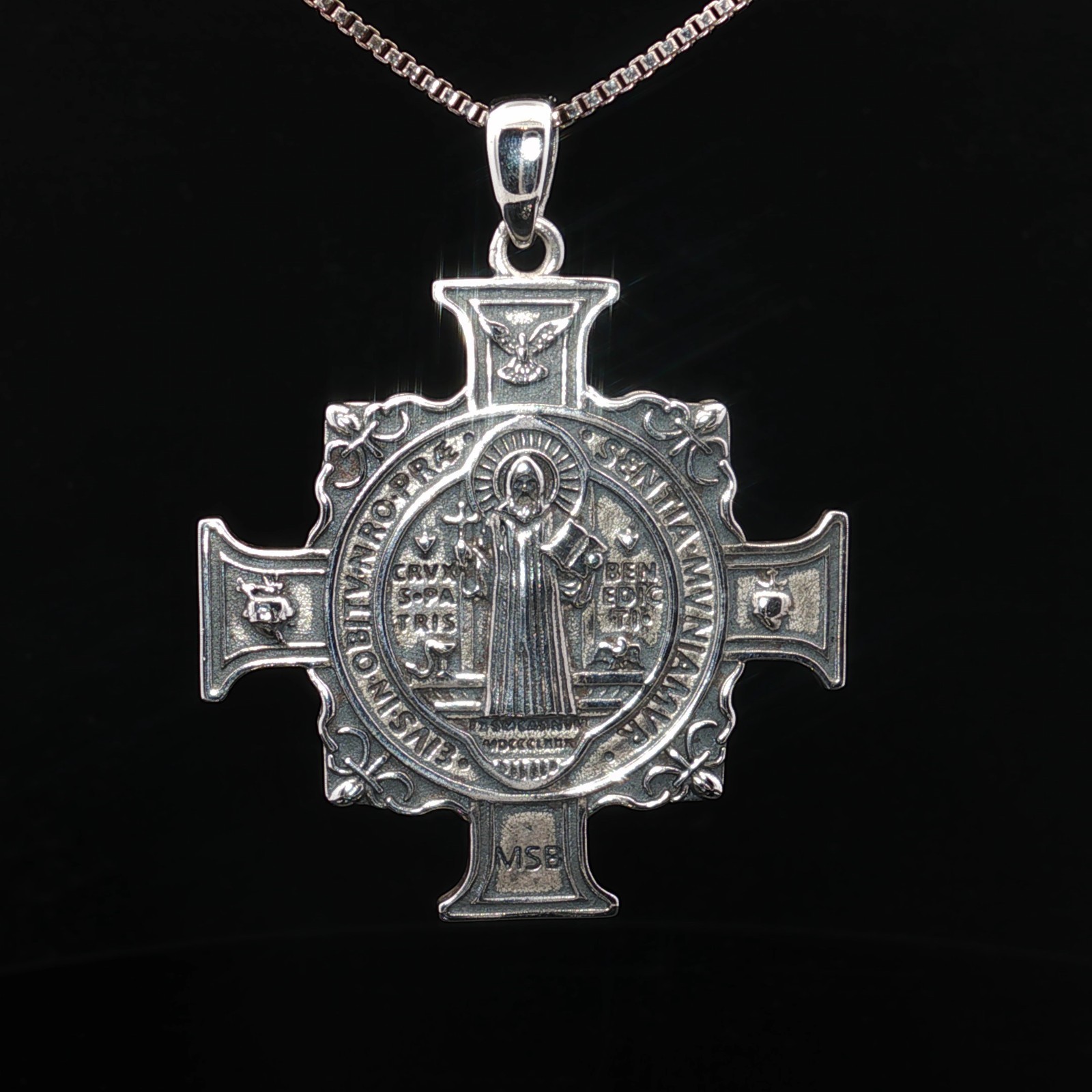 925 Sterling Silver Saint Benedict Two-Sided Cross Necklace