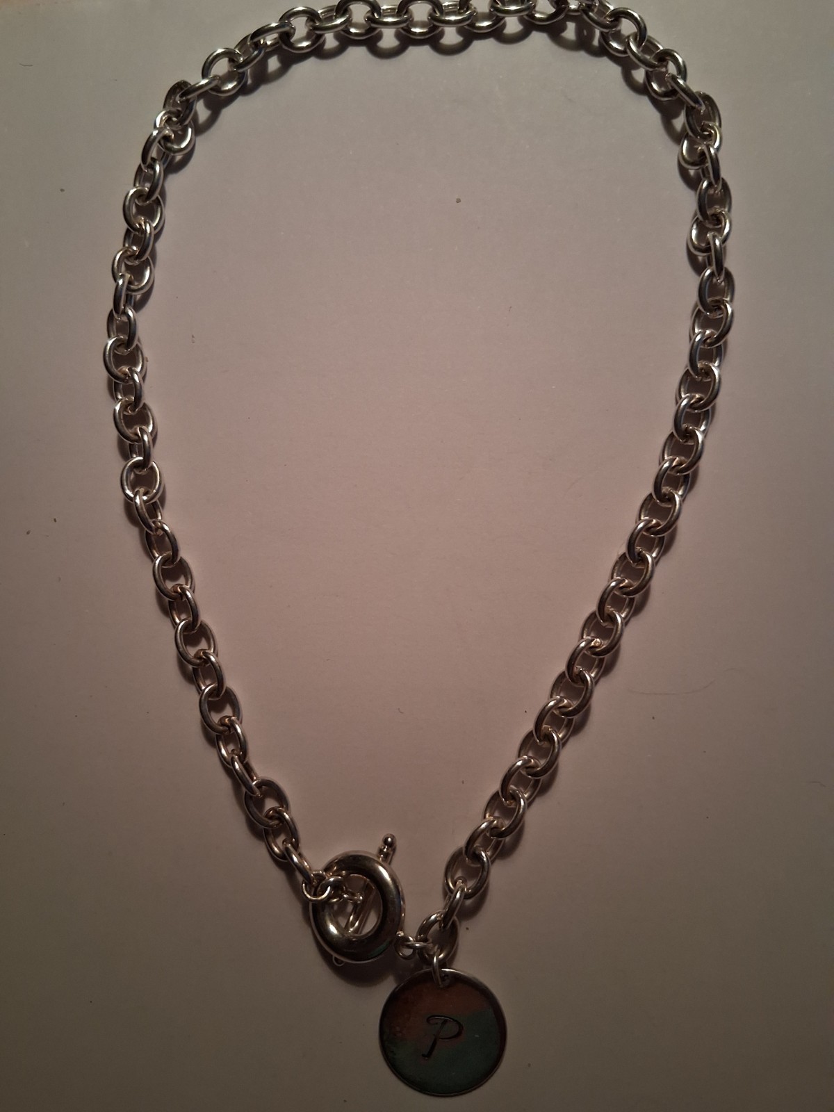 925 Sterling Silver Rolo Chain Choker 19in Toggle Engraved Letter P Charm