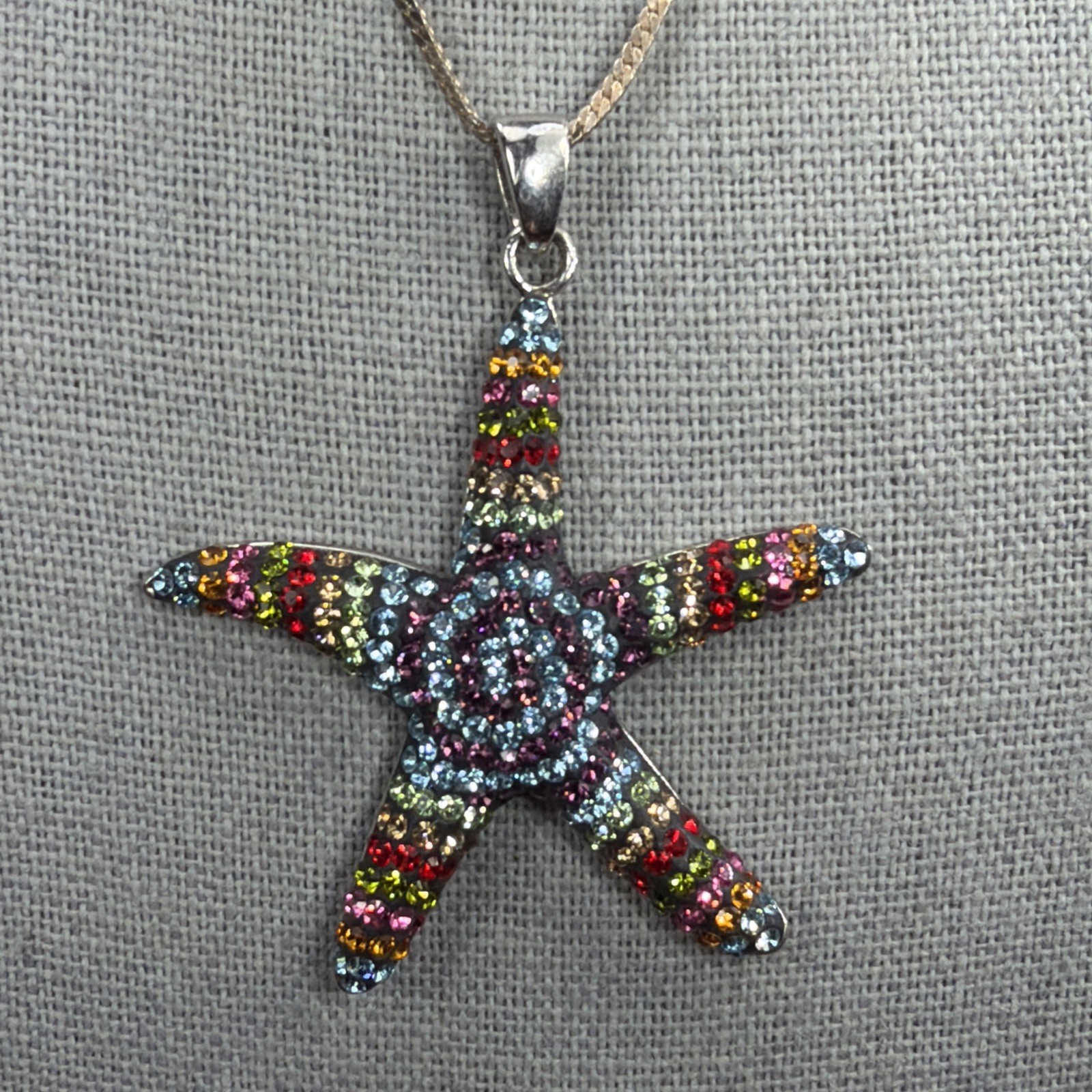 Sterling Silver Pave Multicolor Rainbow Rhinestone Starfish Pendant Thailand 16″