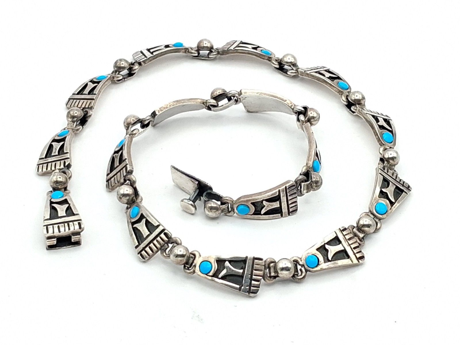 Aztec Style Sterling Silver Mexico Geometric Panel “Turquoise” Necklace 48 Grams
