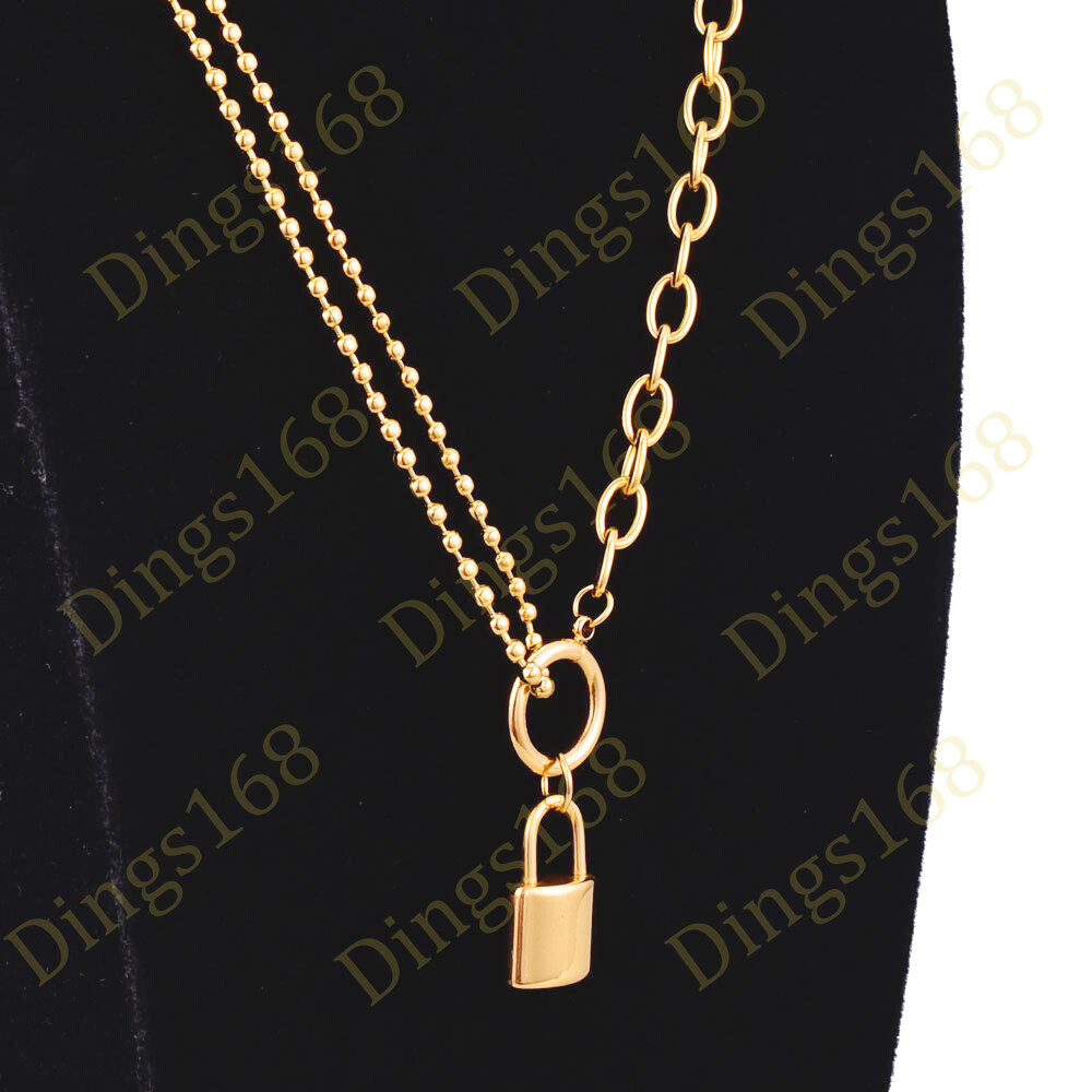 Genuine 18K Gold Filled 2-Strand Bead/Cable Chain Layered Lock Pendant Necklace