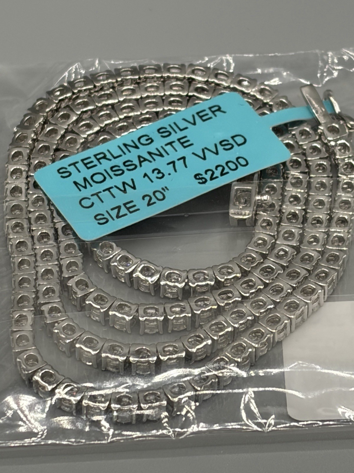 Moissanite Tennis Chain Necklace – 3.0mm 13.77 CTW VVS D Color – 20″ 925 Silver