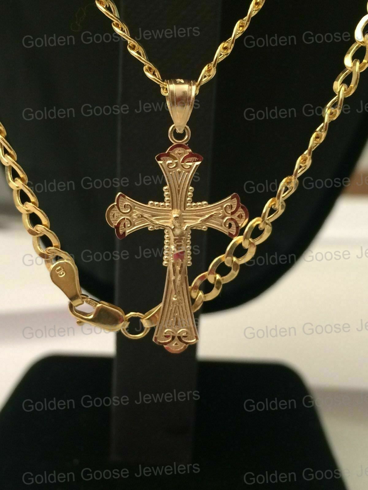 10k Yellow Gold Jesus Crucifix Cross Pendant Charm Cuban Link Chain 16″ – 24″