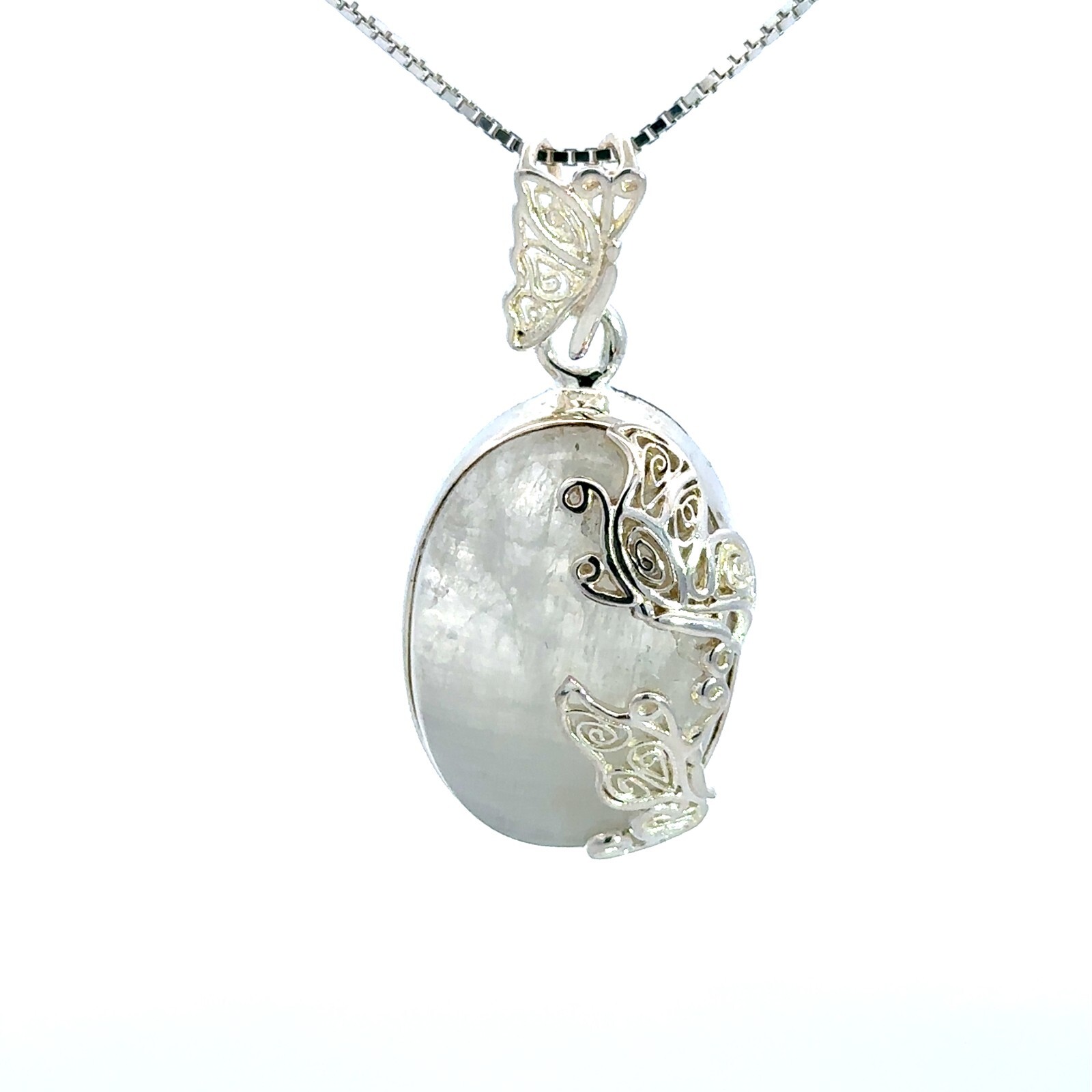 Sterling Silver Rainbow Moonstone With Butterfly Pendant (3/4 x 1 1/2 Inch)