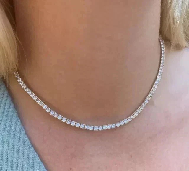 Tennis Necklace Moissanite Diamond 12CT Round Cut 14K Yellow Gold Plated Silver