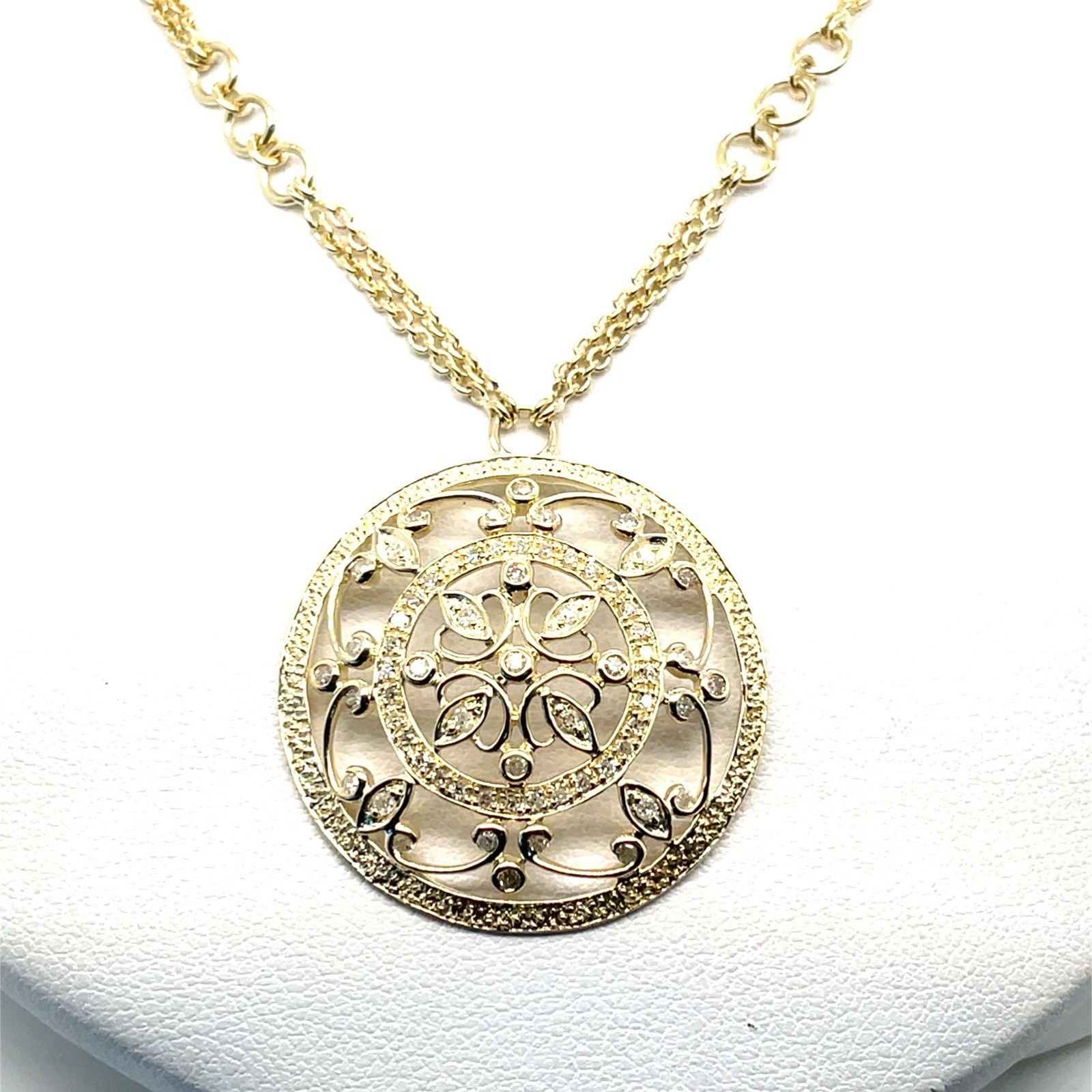 14k Yellow Gold .70 Ct Diamond Filigree 1-3/16″ Circle Chain Necklace 18″-11.7Gr