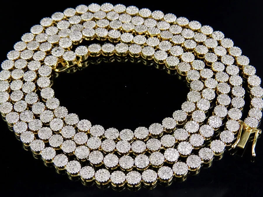 Mens 10K Yellow Gold 1 Row Cluster 7 CT. Natural Diamond Chain Necklace 30″in