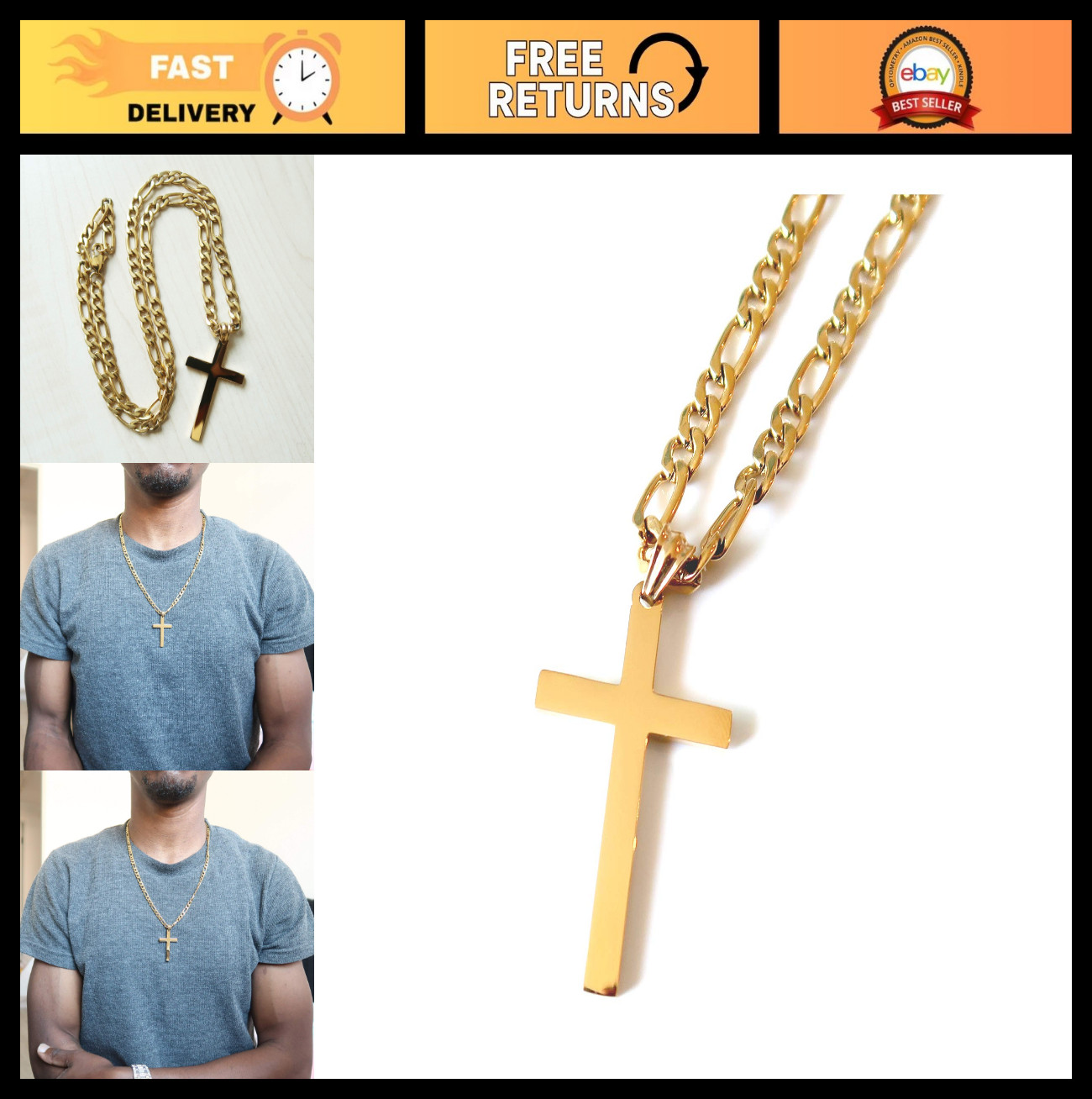 14K Gold Figaro Link Chain Necklace with Cross Pendant – Men’s Fashion Jewelry,
