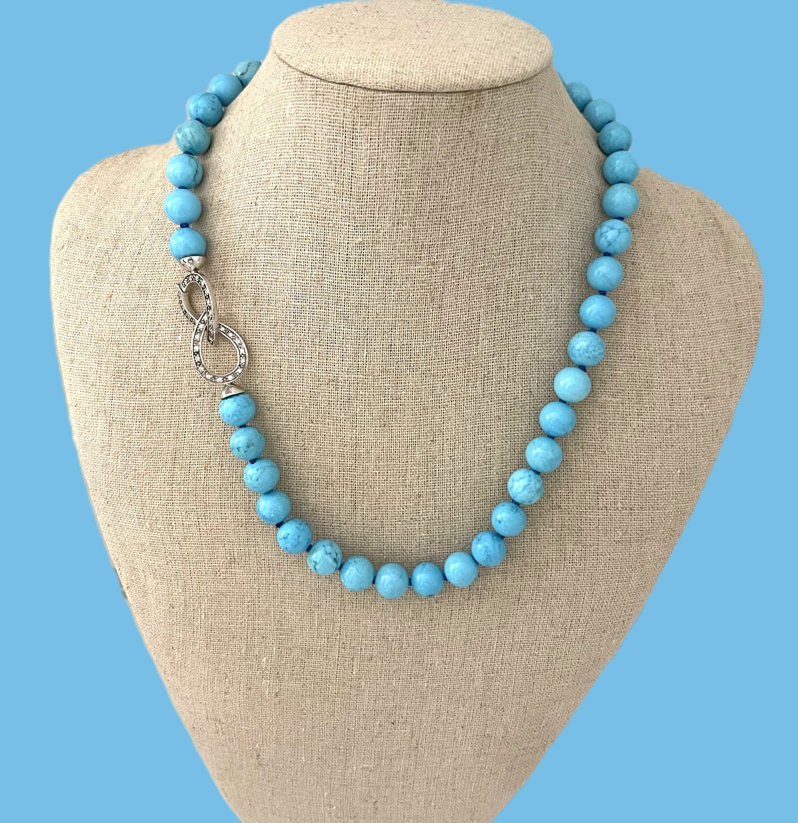 10-10.5MM TURQUOISE NECKLACE W/STERLING SILVER CLASP & PAVE CZ