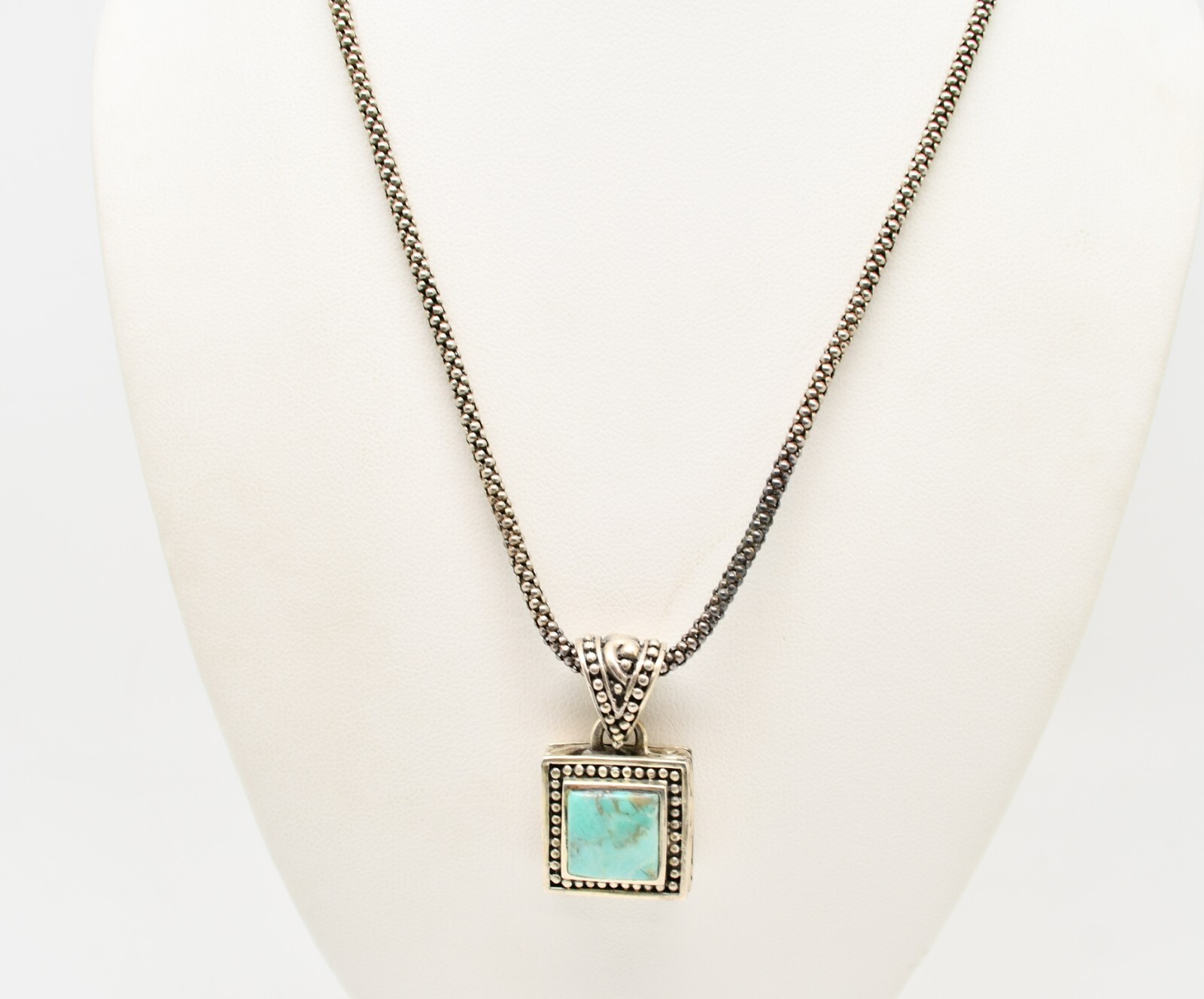 Sterling Silver Popcorn Chain Link Necklace w Turquoise Pendant 16.75″ #FMX690