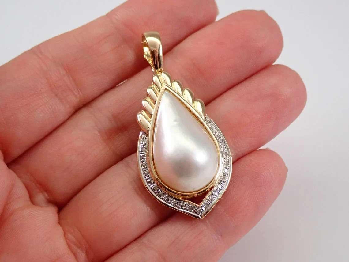 Vintage 14K Yellow Gold Plated Pearl and Moissanite Enhancer Pendant Free Chain