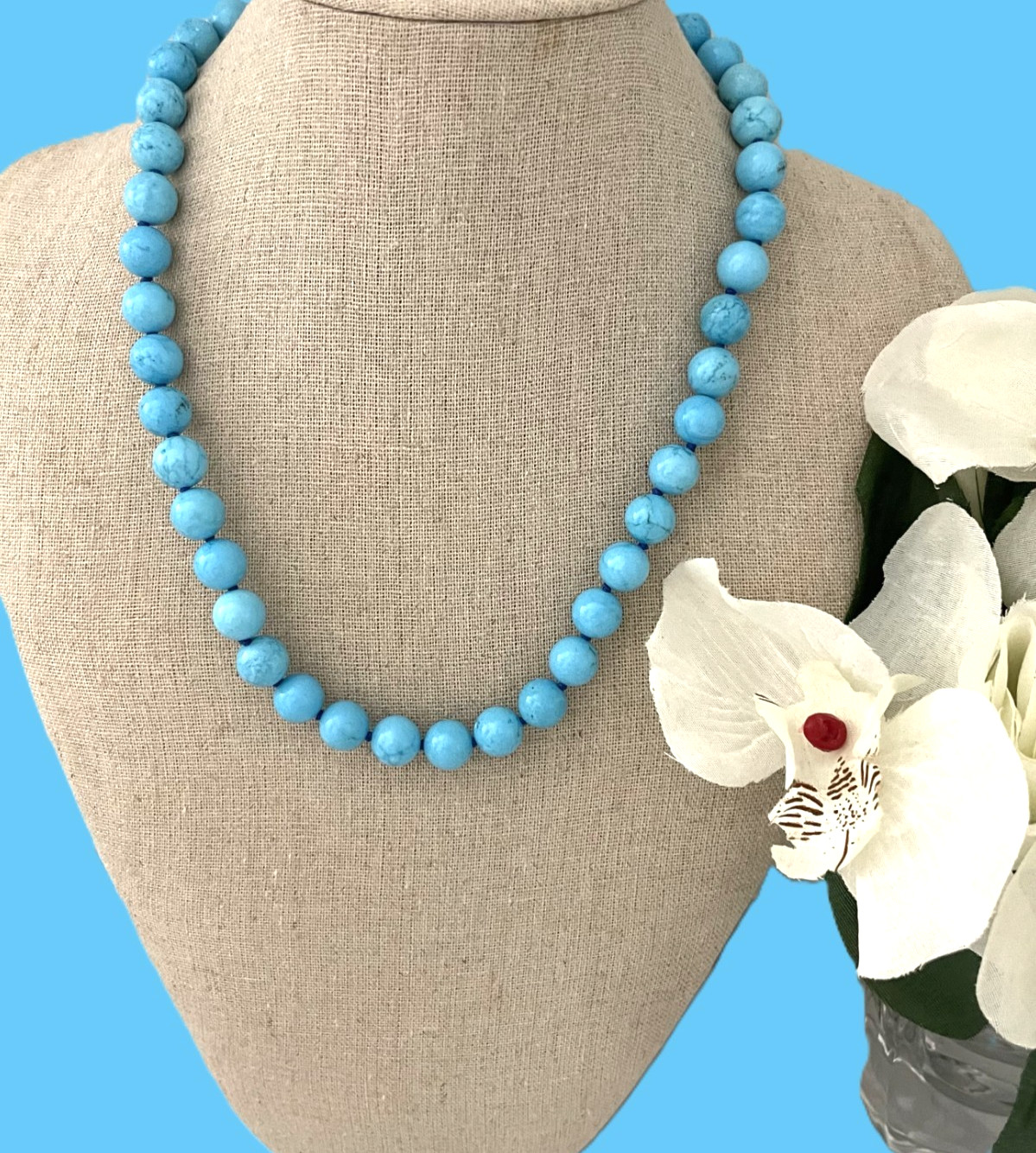 10-10.5MM TURQUOISE NECKLACE W/STERLING SILVER CLASP & PAVE CZ