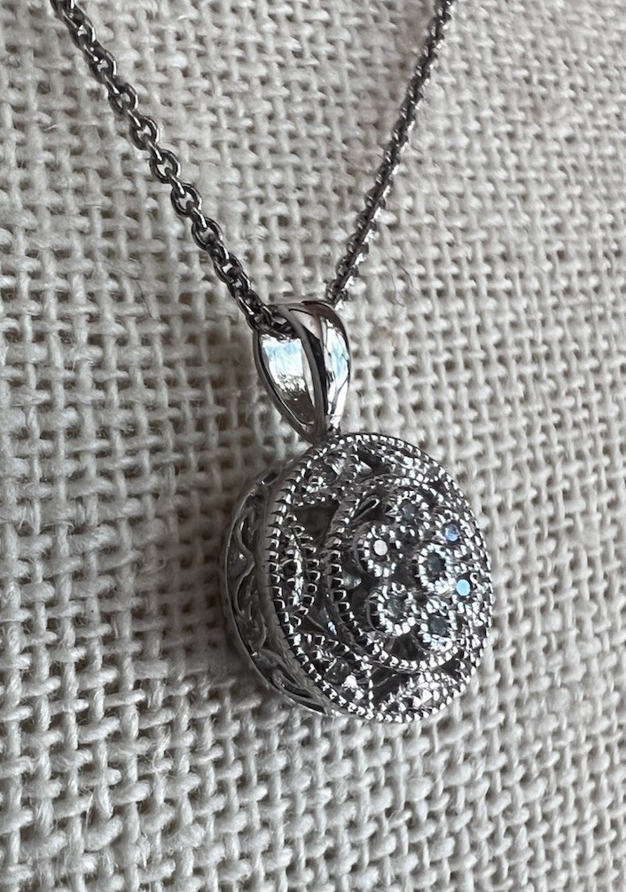 Sterling Silver Diamond Necklace Round Pendant .925 Flower Filigree $200 Retail