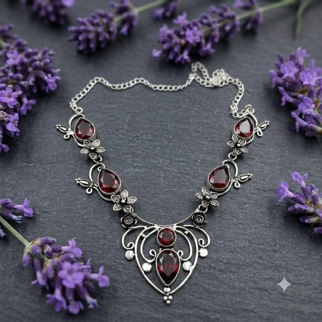 Red Garnet Gemstone 925 Sterling Silver Jewelry Necklace Size-17-18″
