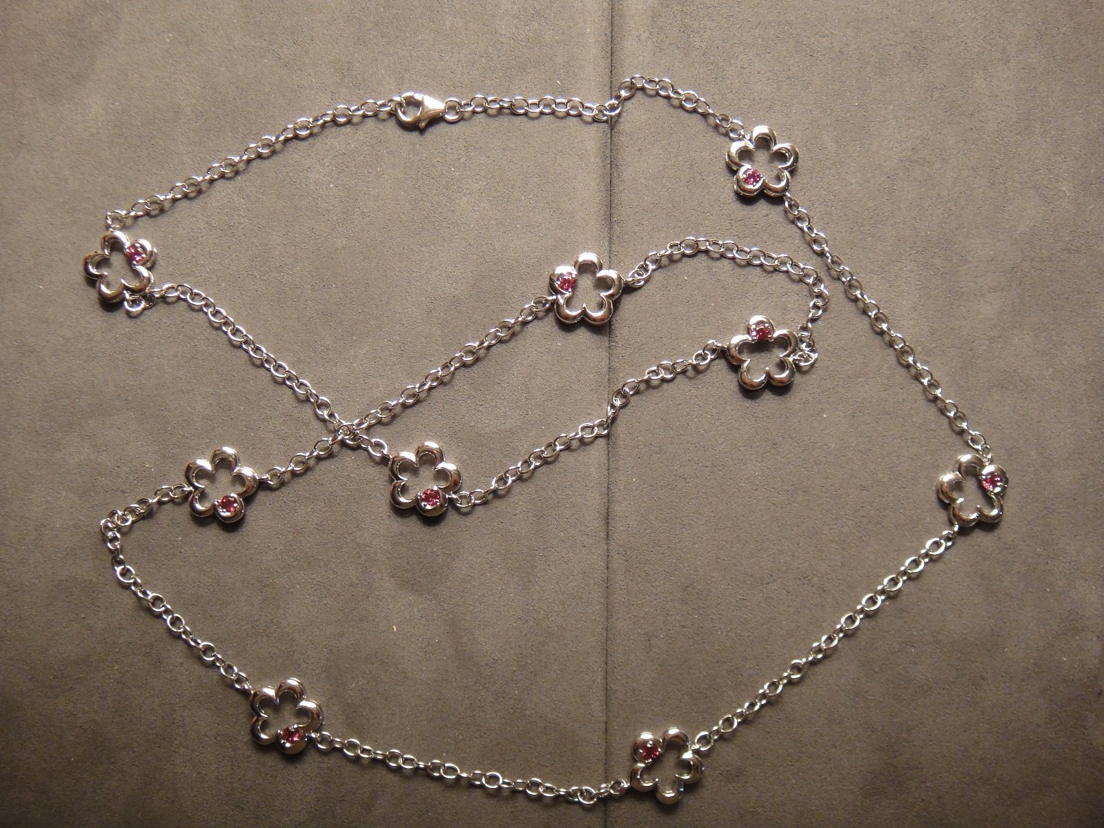 NEW solid sterling 30″ chain 9 station necklace with rhodolite garnets rhodium