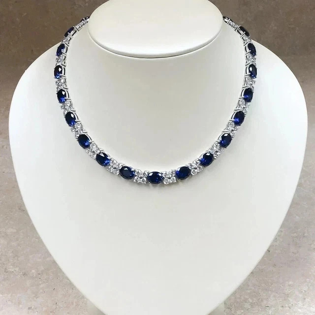 13 Ct Round Oval Blue Sapphire Lab Created Tennis Necklace 14K White Gold Plated