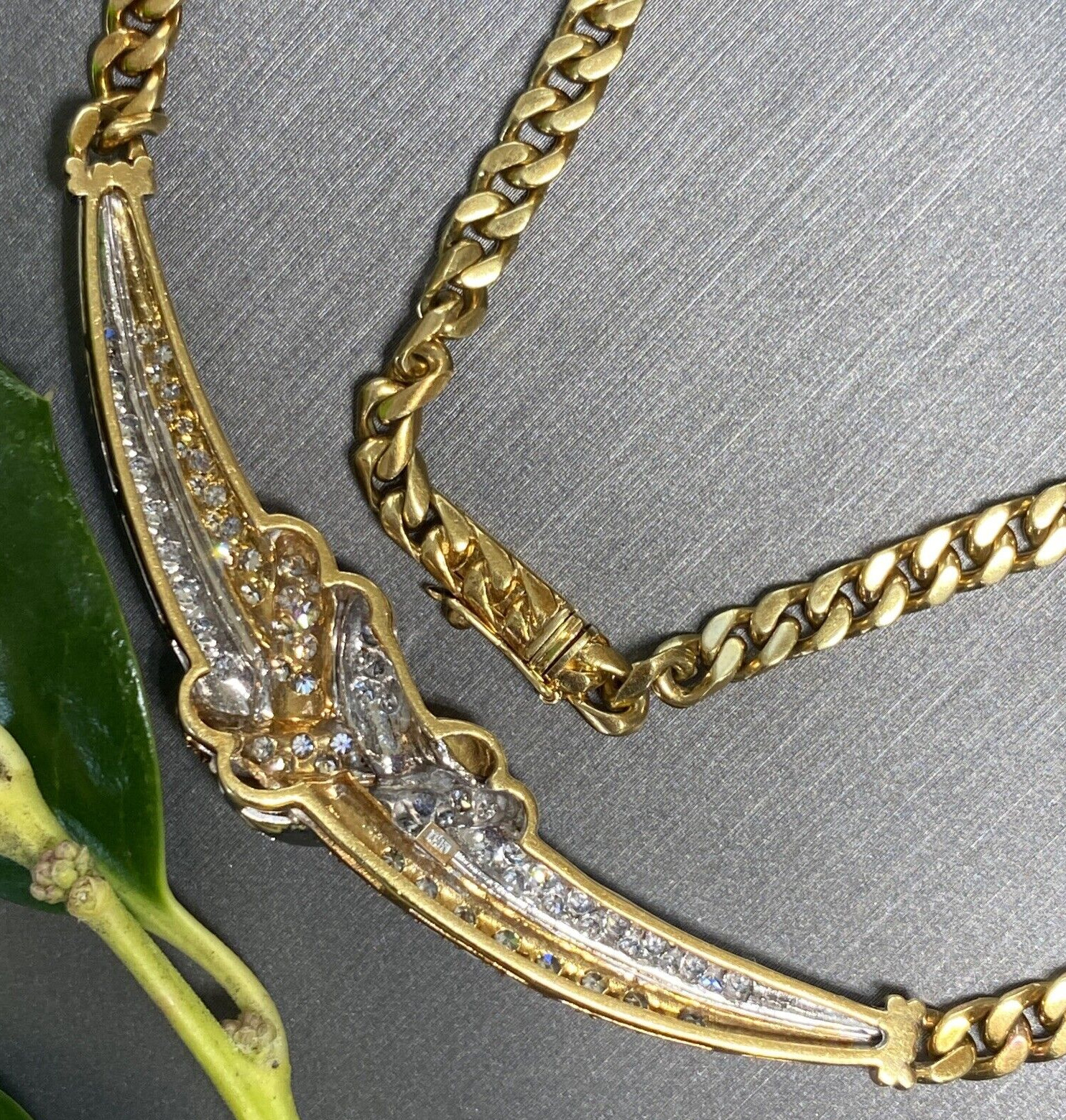 18K Yellow White Gold Diamond Love Knot X Crescent Vintage Cuban Chain Necklace