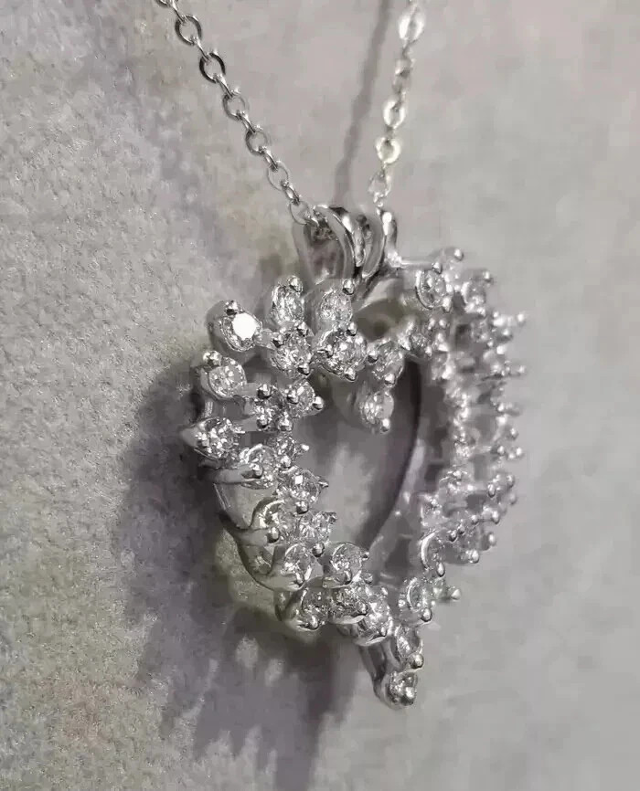 2 Ct Round Cut Real Moissanite Cluster Heart Pendant 14K White Gold Plated