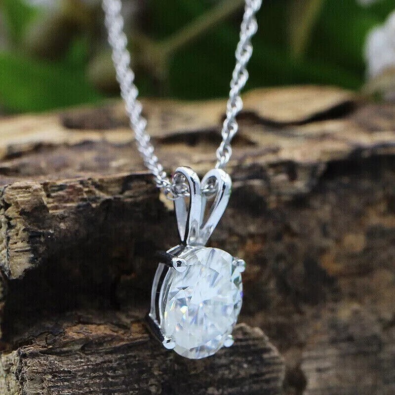 2.00 Ct Oval Cut Real Moissanite Solitaire Pendant Necklace 925 Sterling Silver