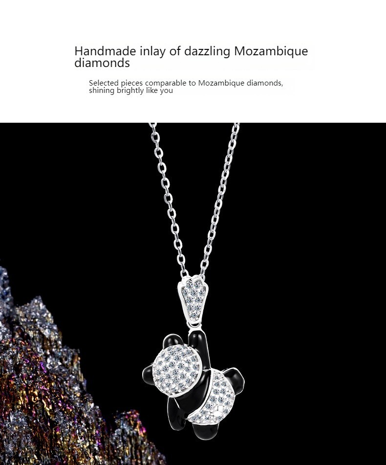 BlackBearPendantNecklace Full CZ SparklingUnique Dainty Korean Style S925 Silver